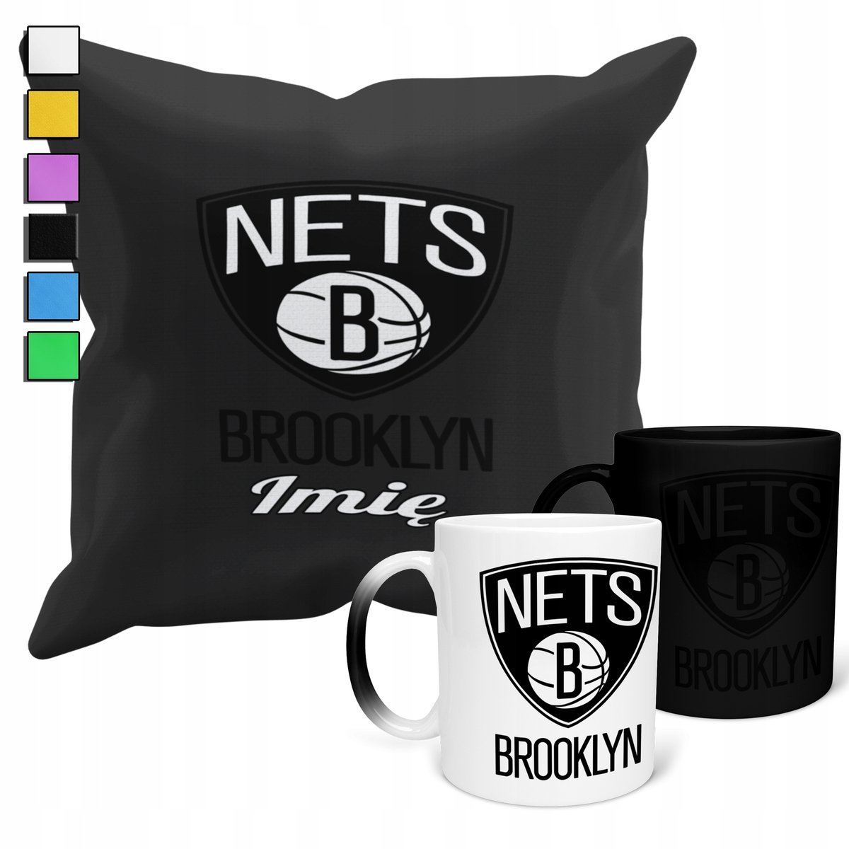 ZESTAW KUBEK MAGICZNY + POSZEWKA Z PODUSZKĄ- NBA BROOKLYN NETS KOSZ + IMIĘ