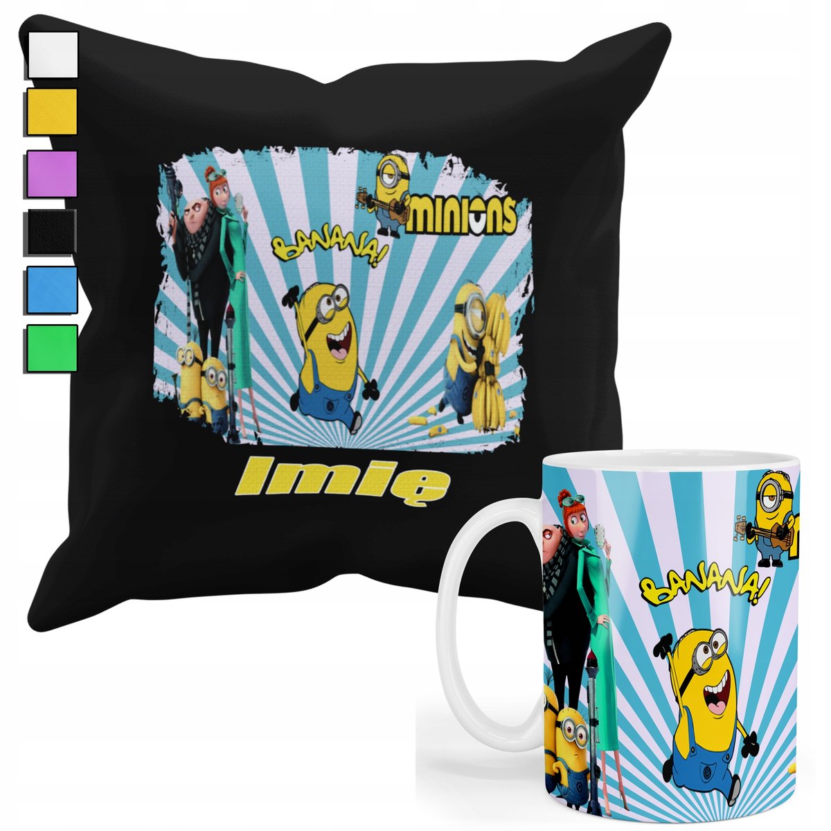 ZESTAW KUBEK + PODUSZKA Z POSZEWKĄ- PREZENT DLA FANA MINIONKI + IMIĘ