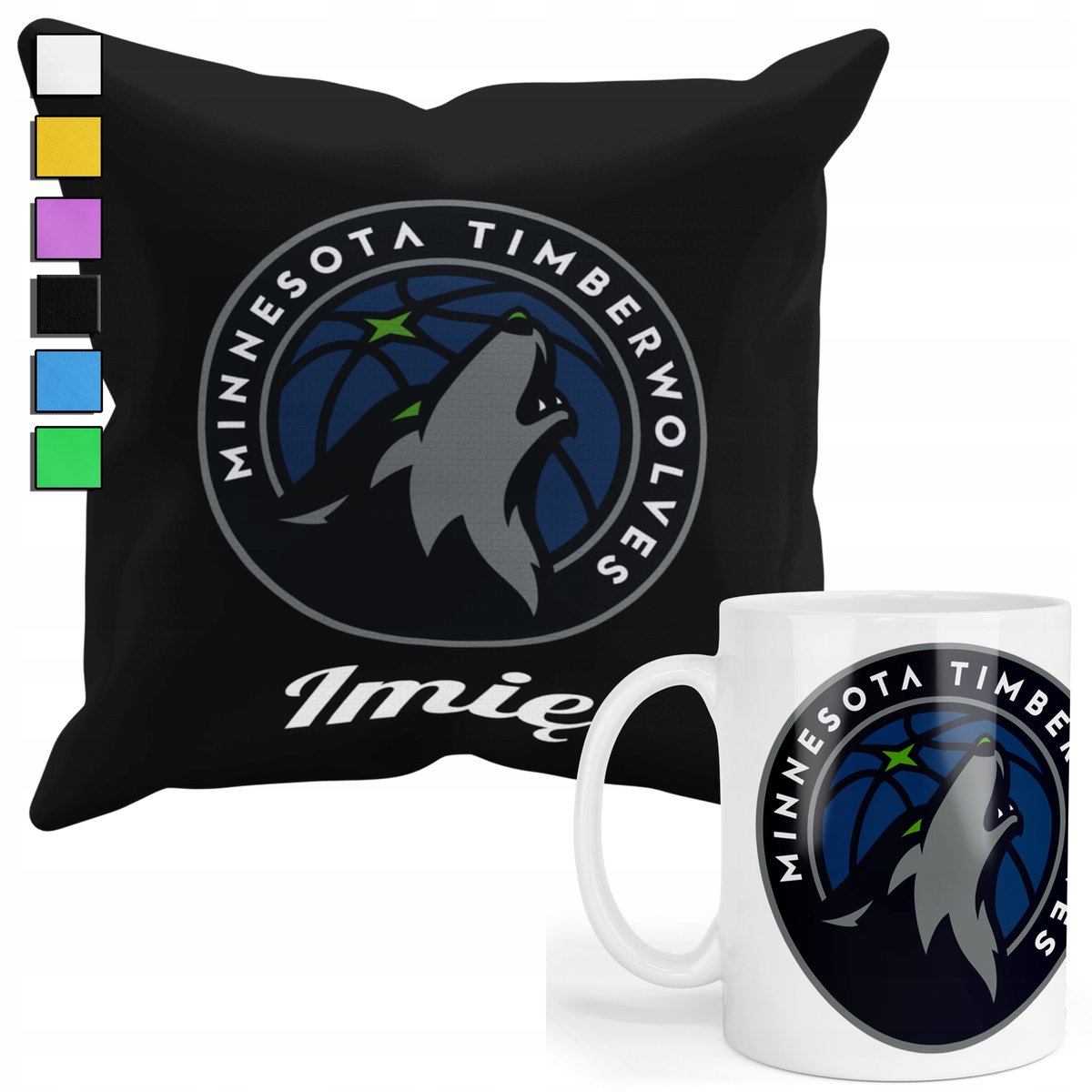 ZESTAW KUBEK + PODUSZKA Z POSZEWKĄ- PREZENT DLA FANA NBA TIMBERWOLVES+ IMIĘ
