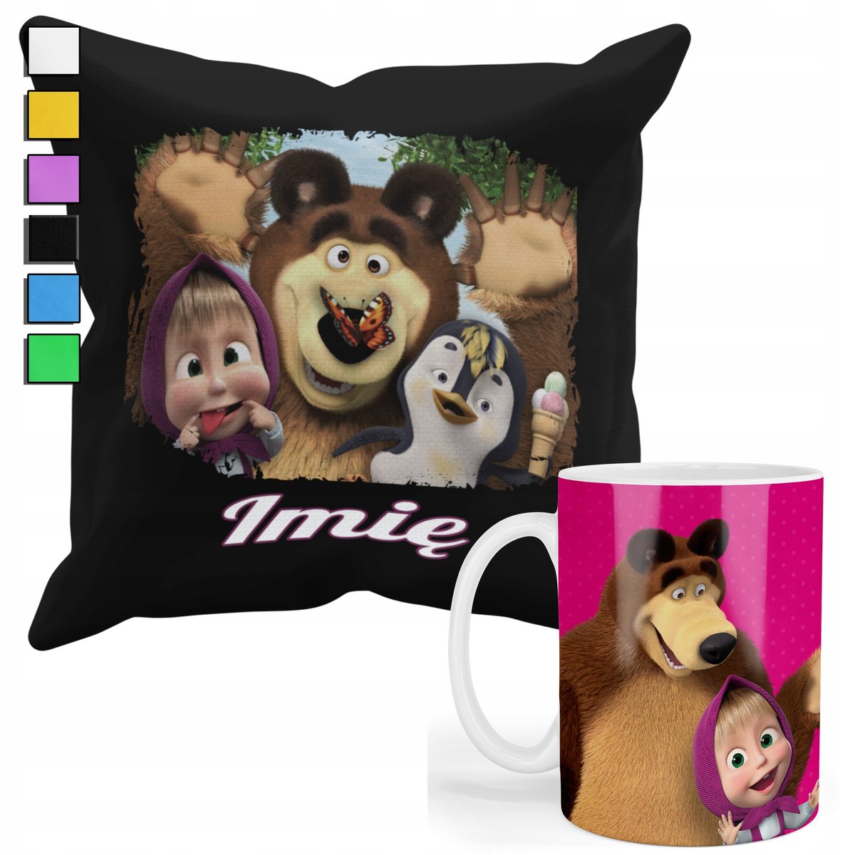 ZESTAW KUBEK + PODUSZKA Z POSZEWKĄ- DLA FANA ZNANE BAJKI MIŚ+ IMIĘ