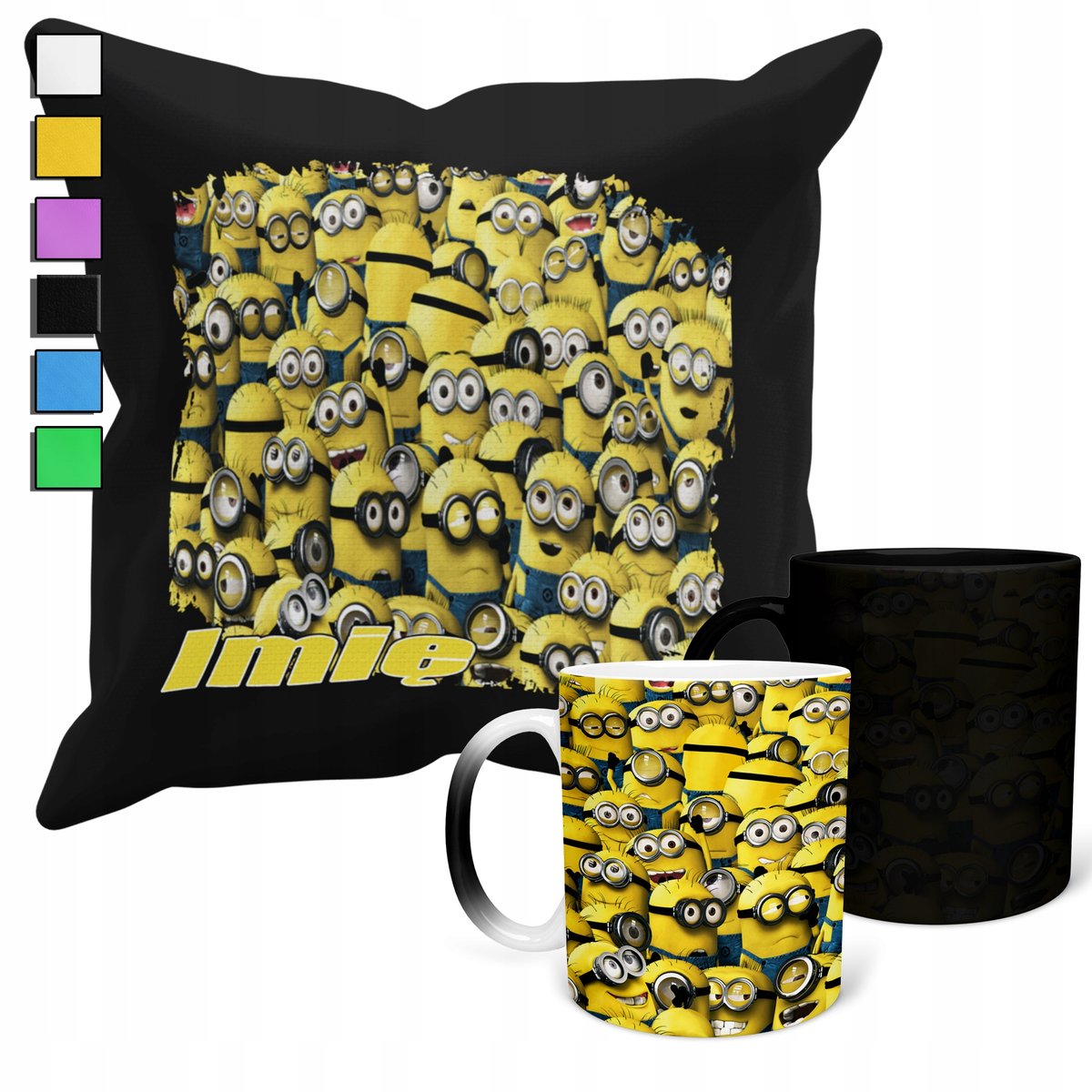ZESTAW KUBEK MAGICZNY + POSZEWKA Z PODUSZKĄ-PREZENT MINIONKI + IMIĘ