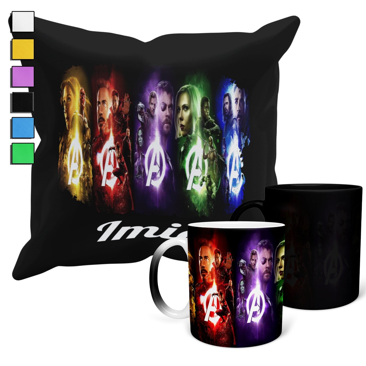 ZESTAW KUBEK MAGICZNY + POSZEWKA Z PODUSZKĄ- AVENGERS PREZENT + IMIĘ