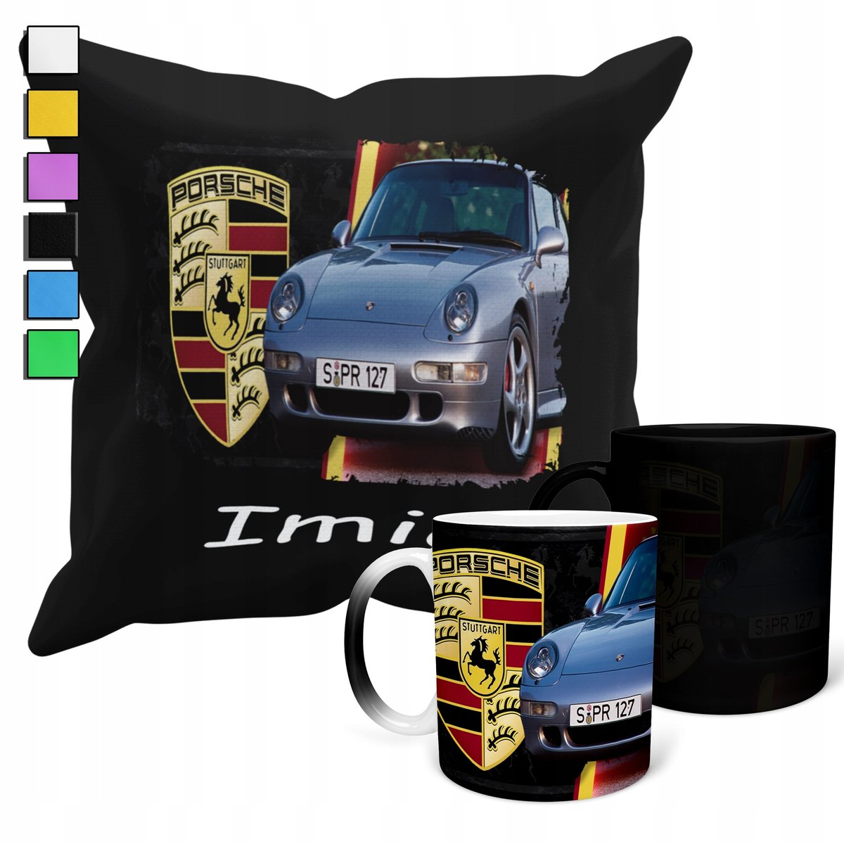 ZESTAW KUBEK MAGICZNY + POSZEWKA Z PODUSZKĄ- PORSCHE SAMOCHODY + IMIĘ