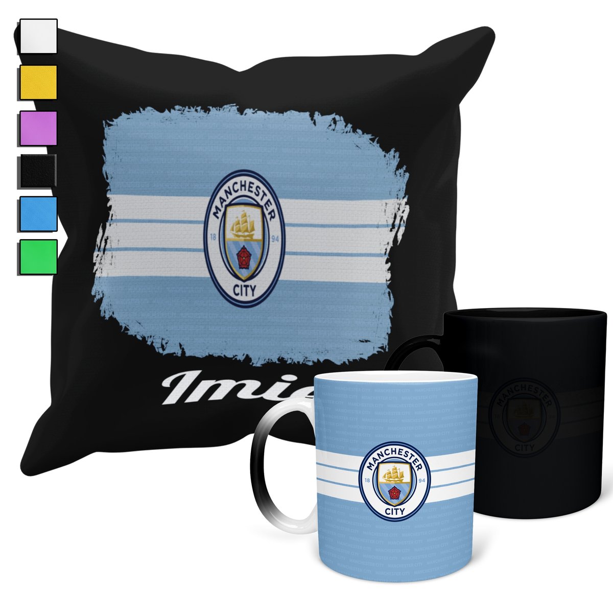 ZESTAW KUBEK MAGICZNY + POSZEWKA Z PODUSZKĄ- MANCHESTER CITY KLUBY + IMIĘ