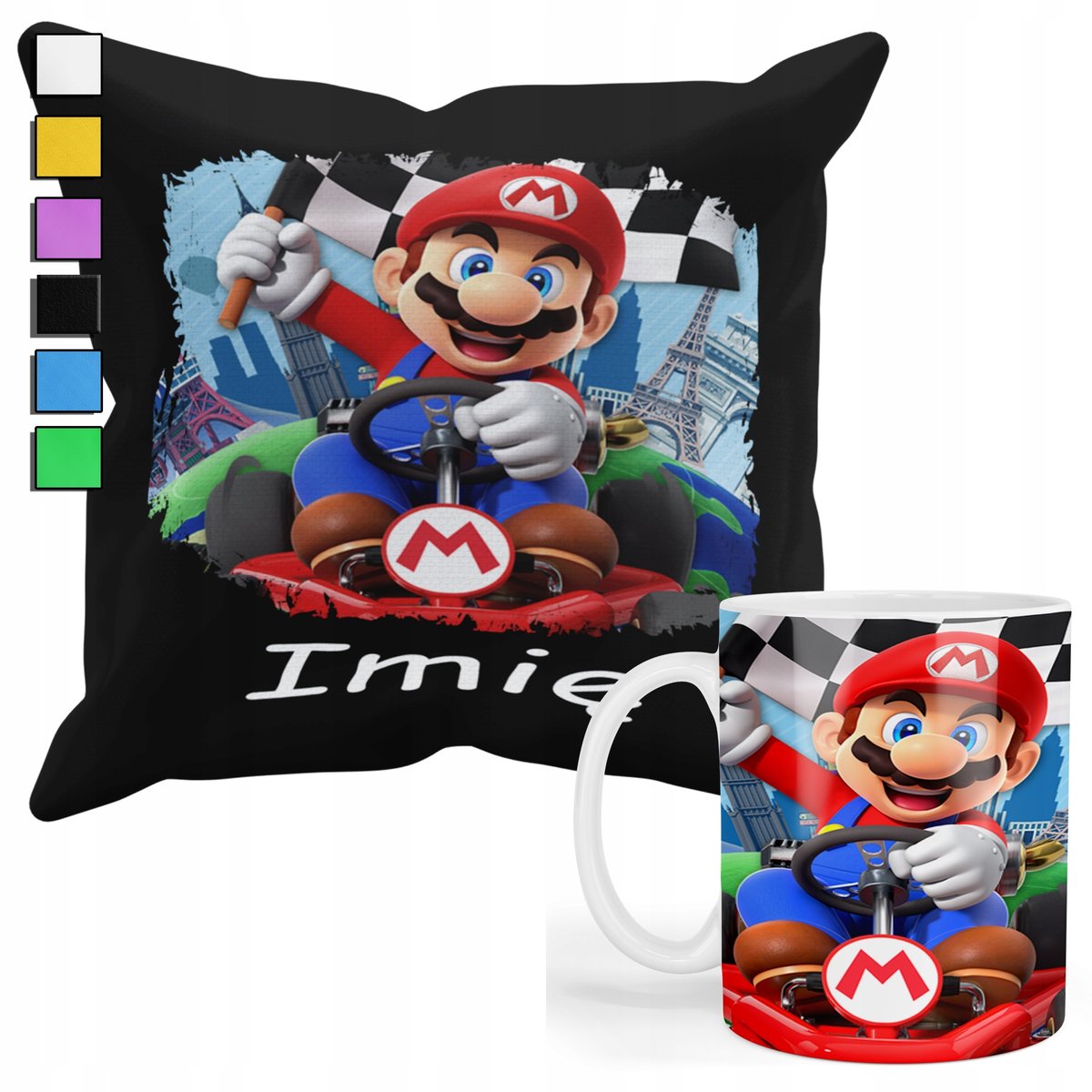 ZESTAW KUBEK + PODUSZKA Z POSZEWKĄ- PREZENT DLA FANA GRY SUPER MARIO+ IMIĘ