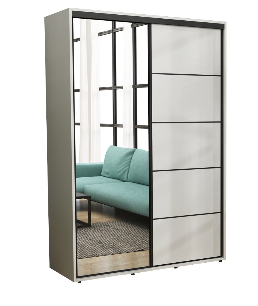 Nowoczesna Szafa Przesuwna Iga Paski Czarne Lustro170x242 Biała/ Wysoka