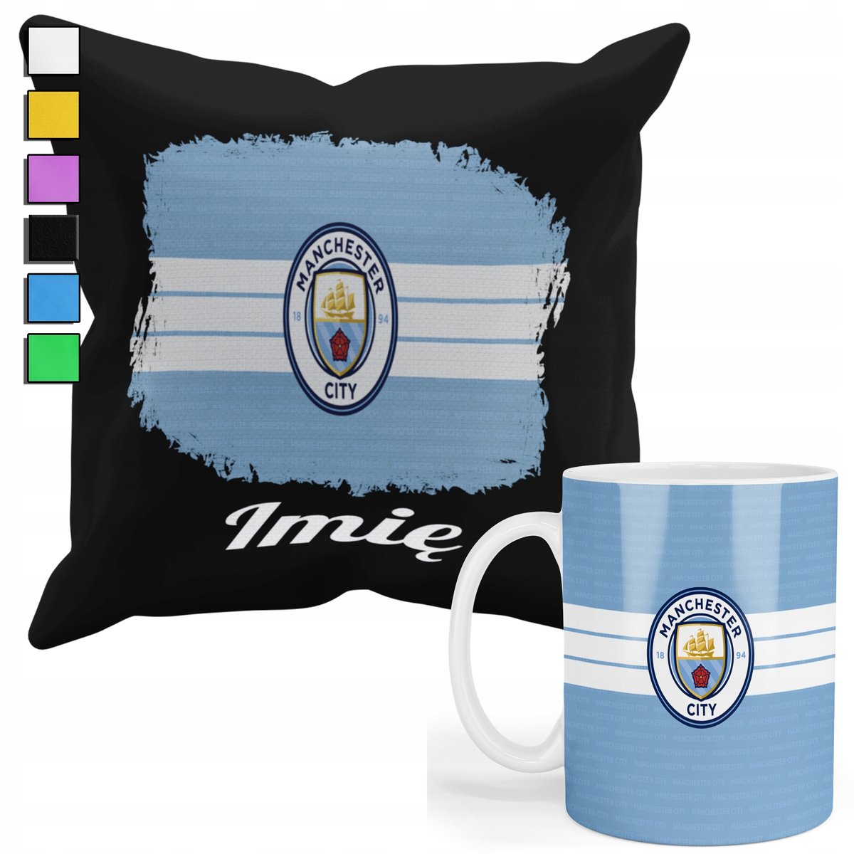 ZESTAW KUBEK + PODUSZKA Z POSZEWKĄ- PREZENT DLA FANA MANCHESTER CITY + IMIĘ