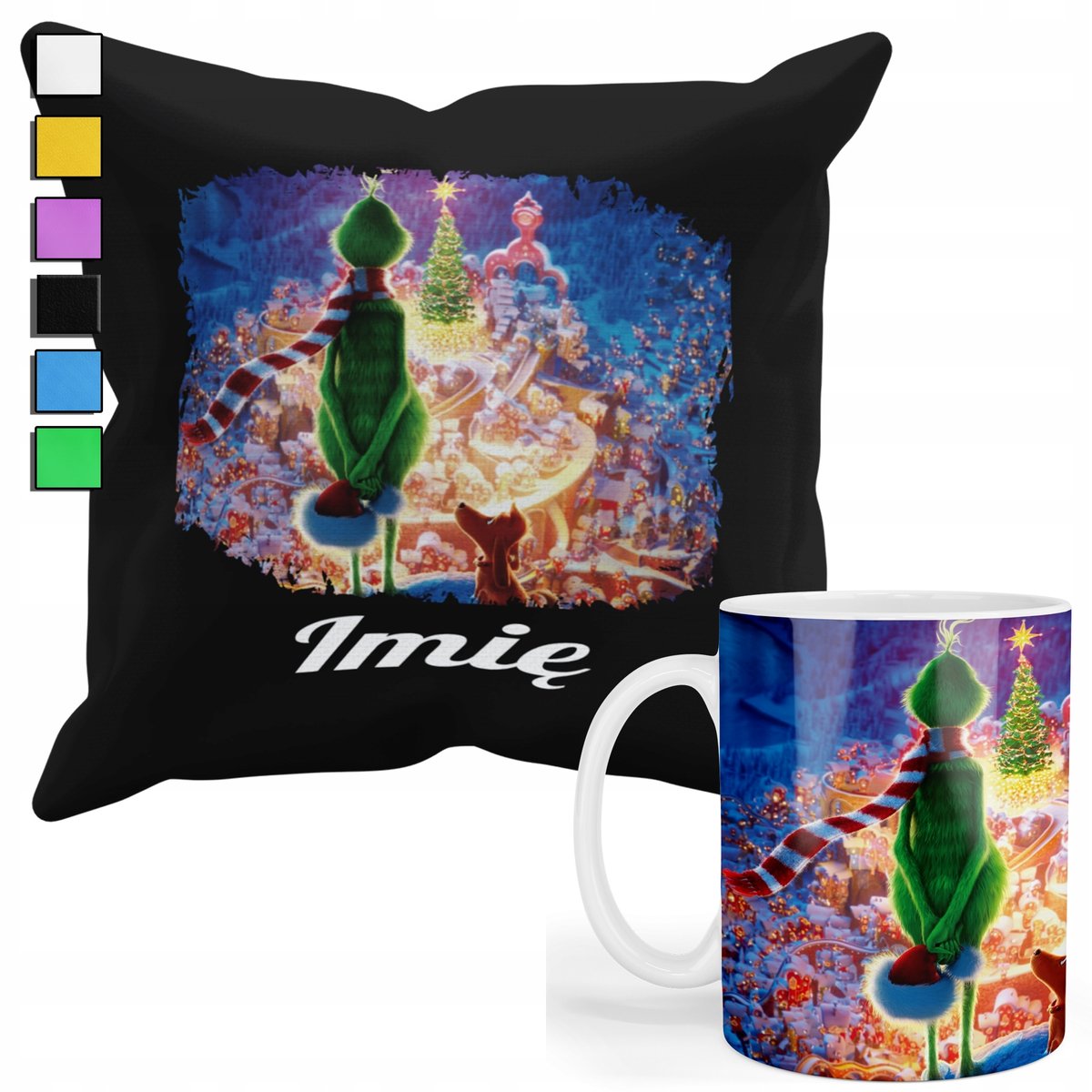 ZESTAW KUBEK + POSZEWKA Z NADRUKIEM-DLA FANA PREZENT GRINCH ŚWIĘTA +IMIĘ