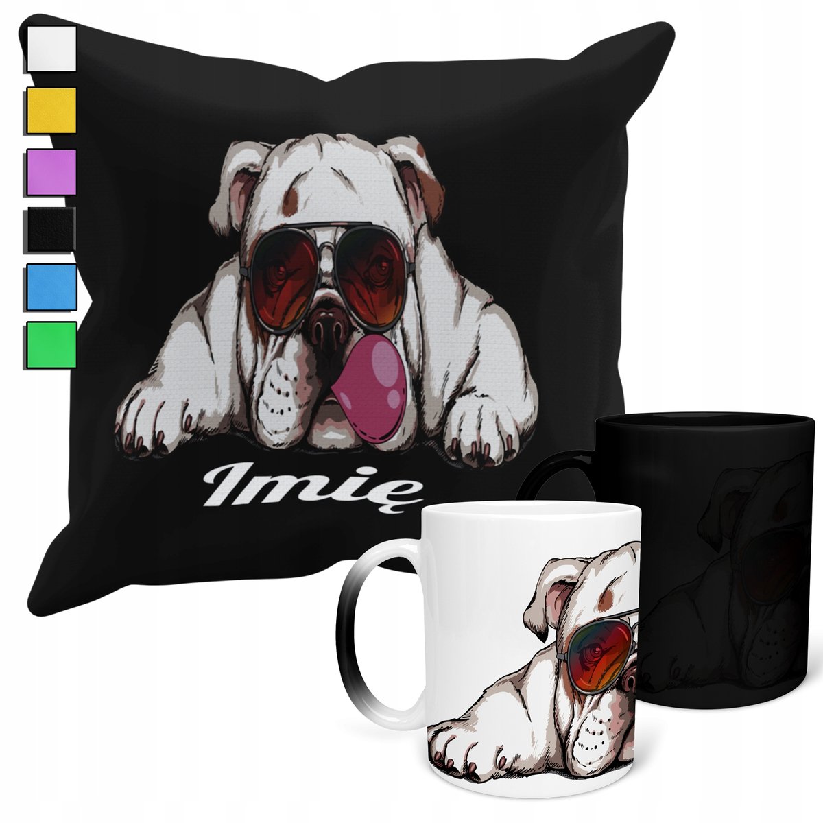 ZESTAW KUBEK MAGICZNY + POSZEWKA Z PODUSZKĄ- PSY ZWIERZĘTA PREZENT + IMIĘ