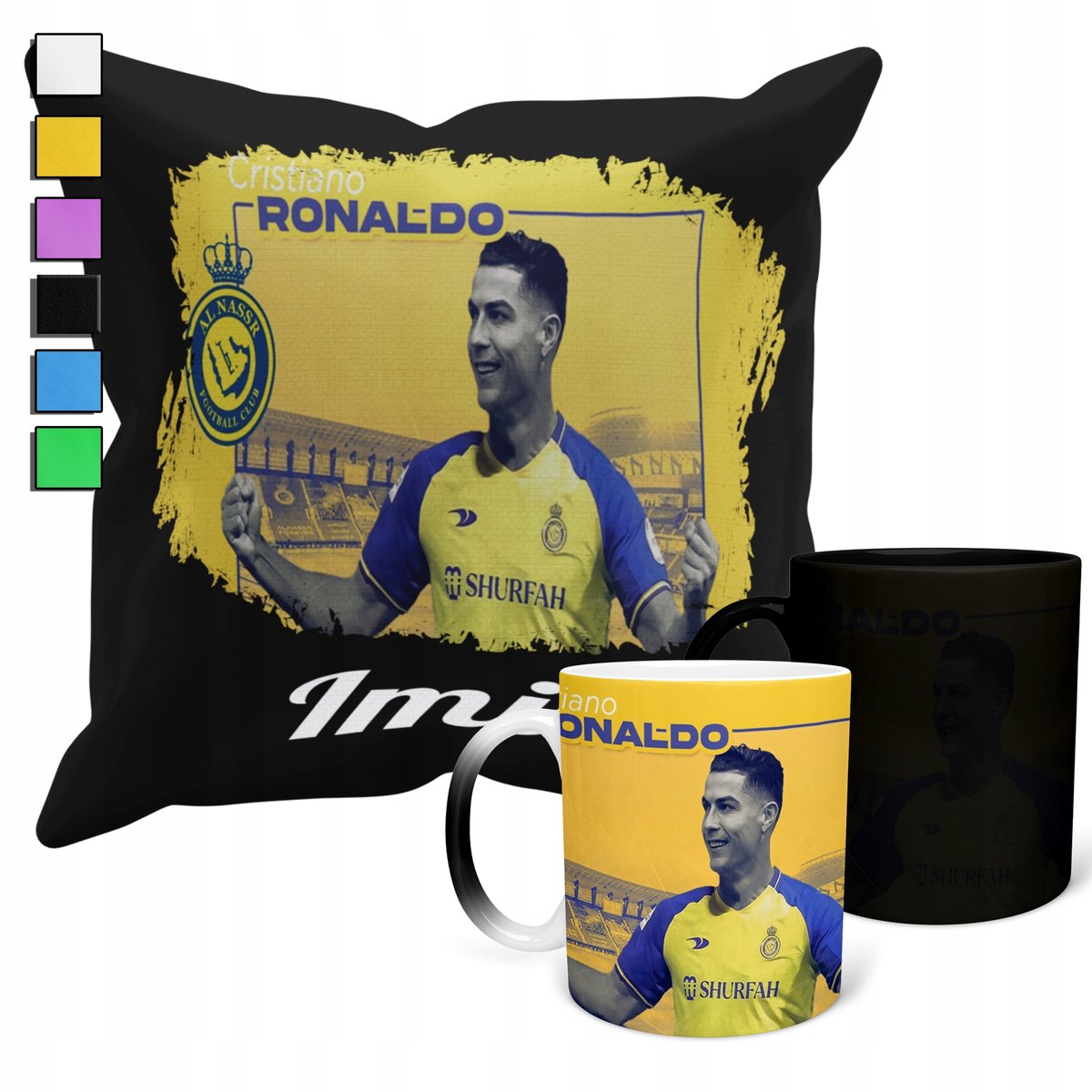 ZESTAW KUBEK MAGICZNY + POSZEWKA Z PODUSZKĄ- CRISTIANO RONALDO NASSR + IMIĘ