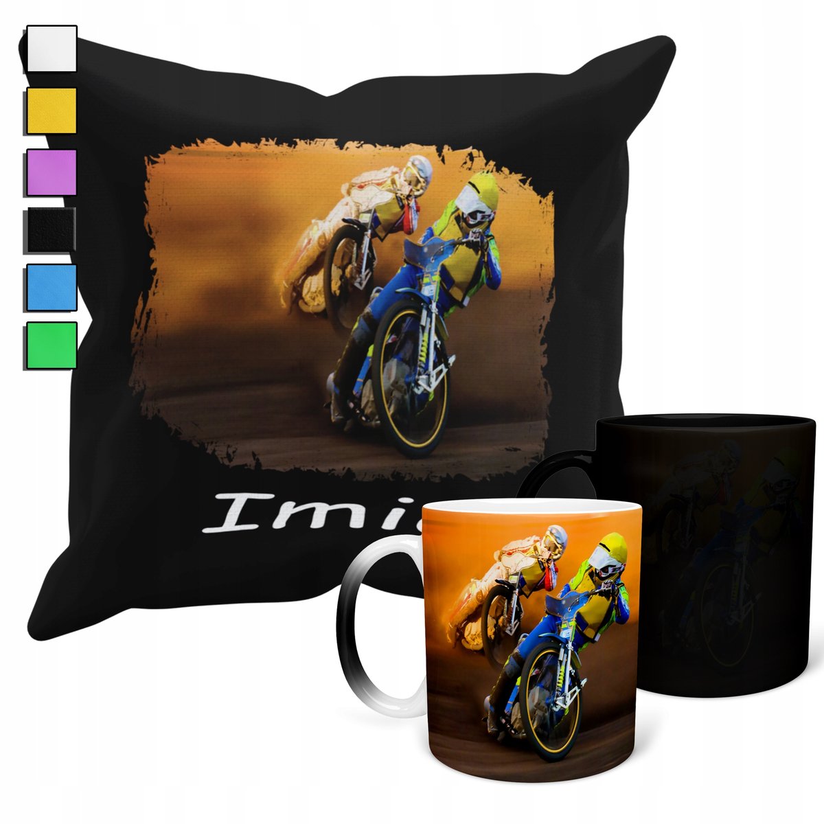 ZESTAW KUBEK MAGICZNY + POSZEWKA Z PODUSZKĄ- MOTOR ŻUŻEL SPEEDWAY + IMIĘ