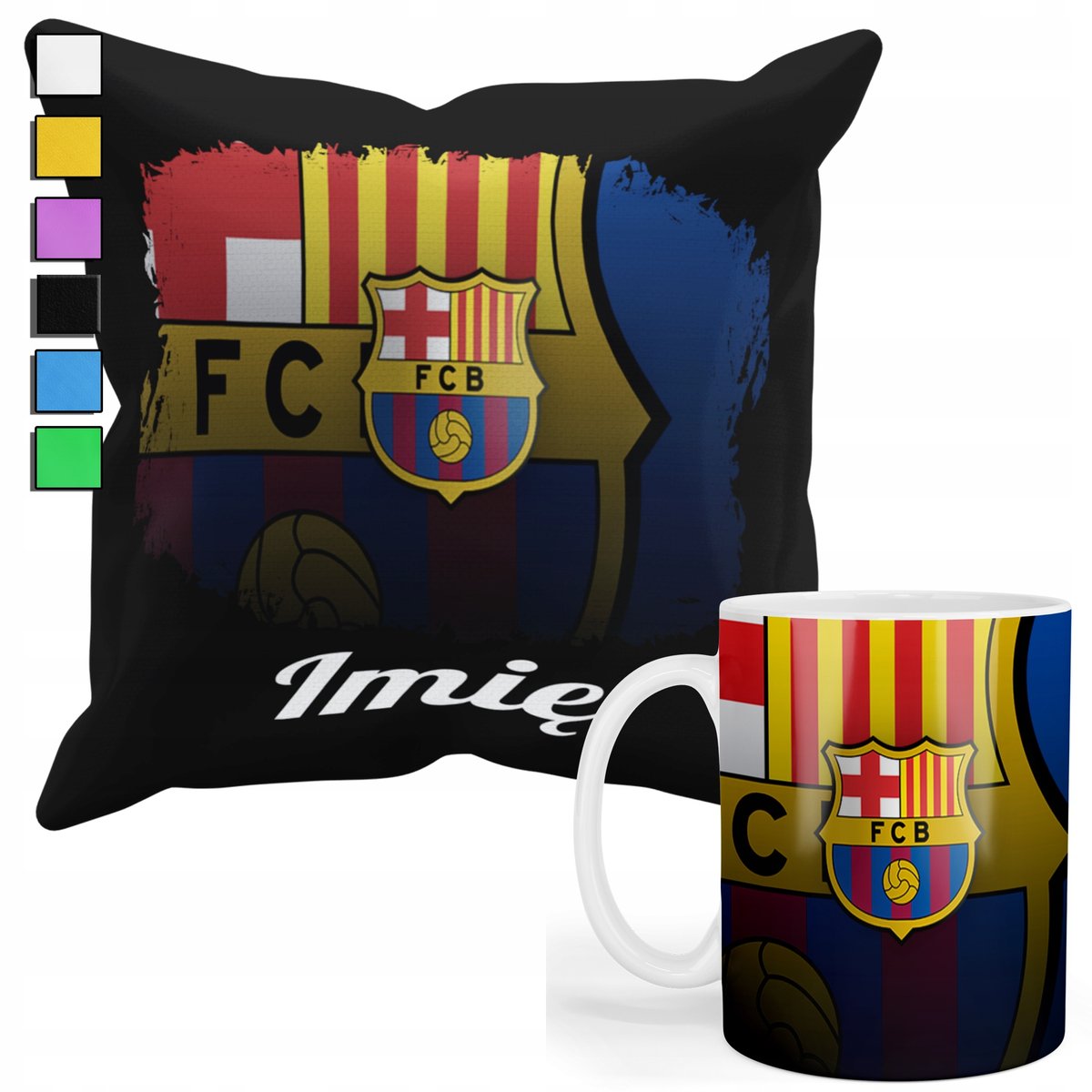ZESTAW KUBEK + PODUSZKA Z POSZEWKĄ- PREZENT DLA FANATYKA BARCELONA + IMIĘ