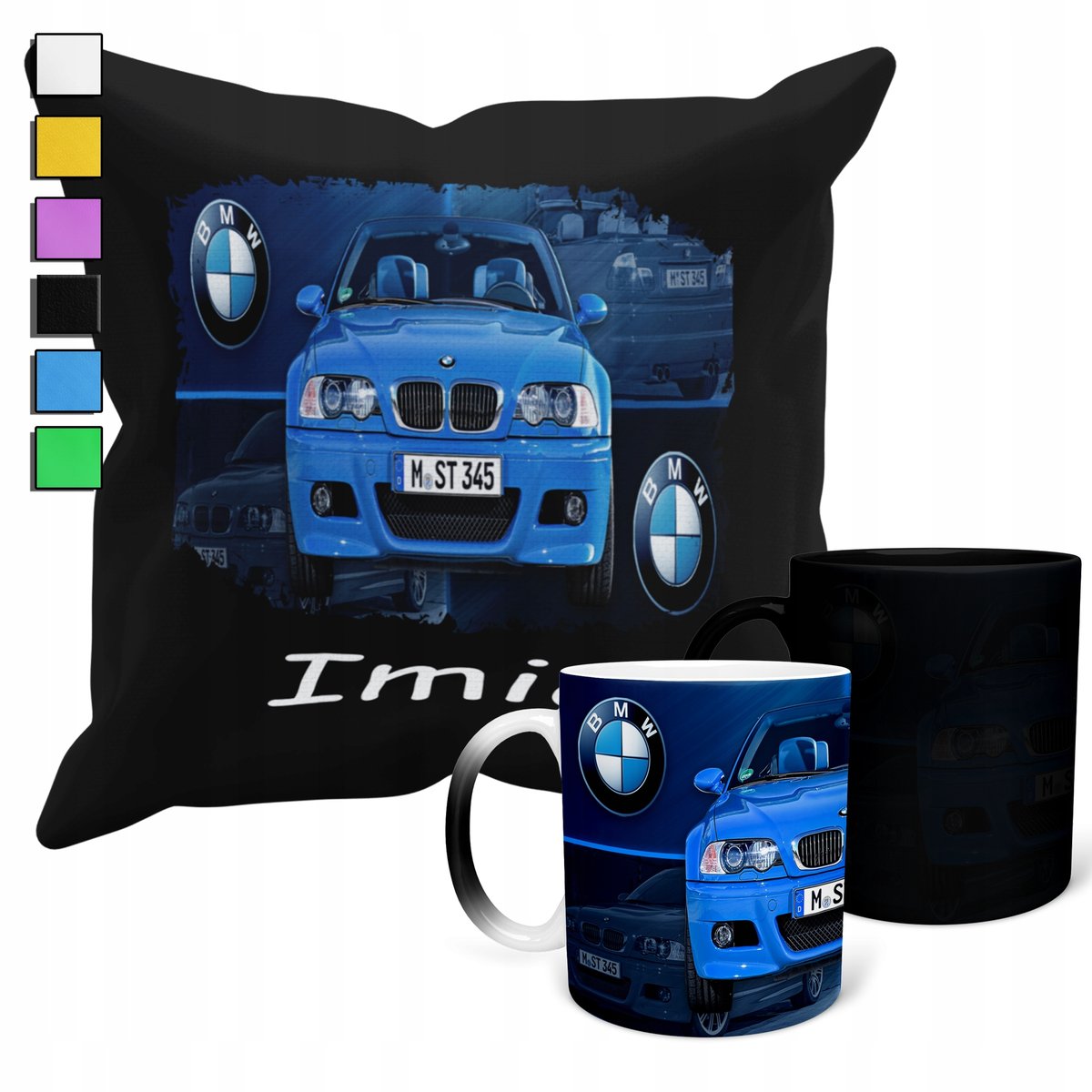 ZESTAW KUBEK MAGICZNY + POSZEWKA Z PODUSZKĄ-PREZENT BMW SAMOCHODY + IMIĘ