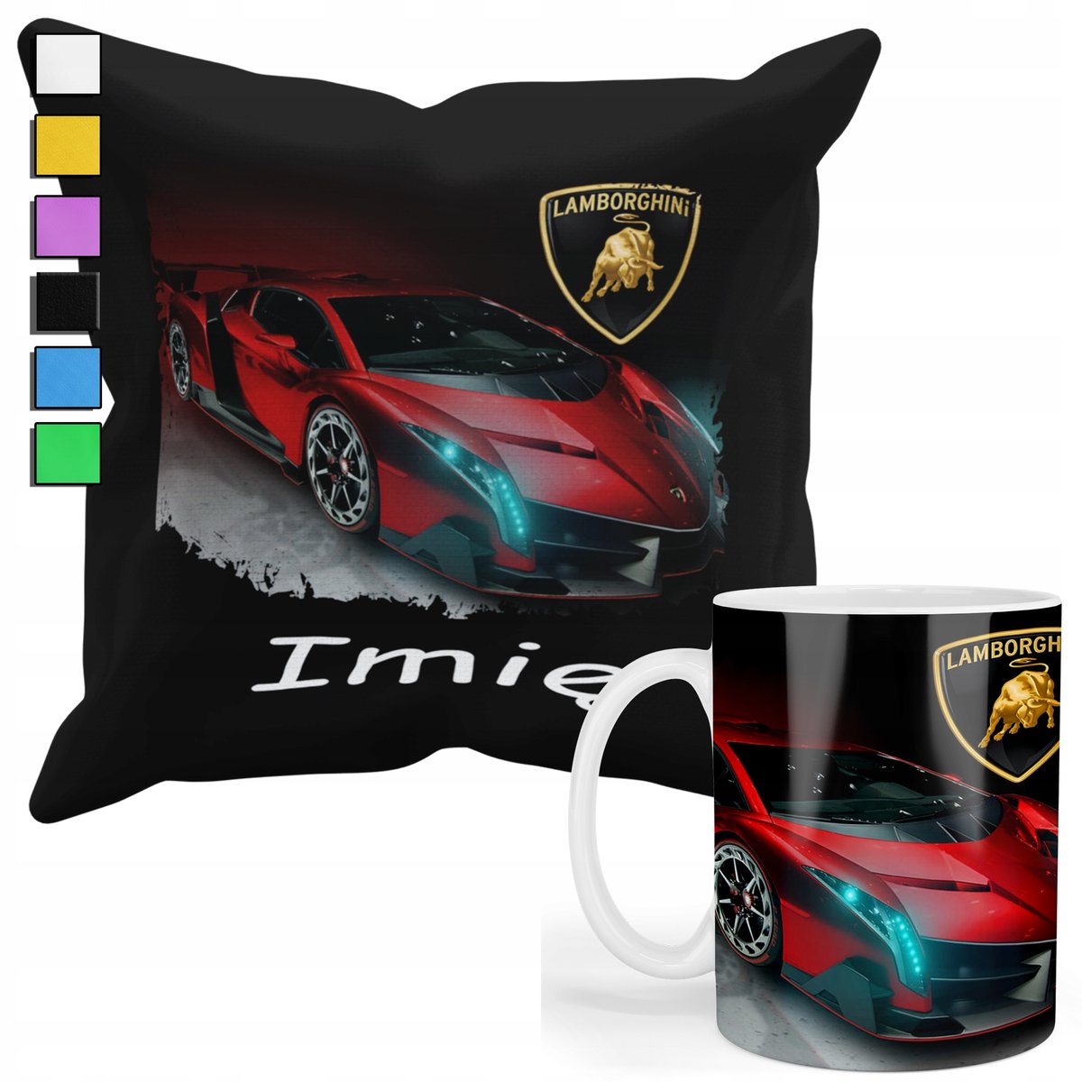 ZESTAW KUBEK + PODUSZKA Z POSZEWKĄ-PREZENT DLA FANA MOTO LAMBO-RGHINI+ IMIĘ