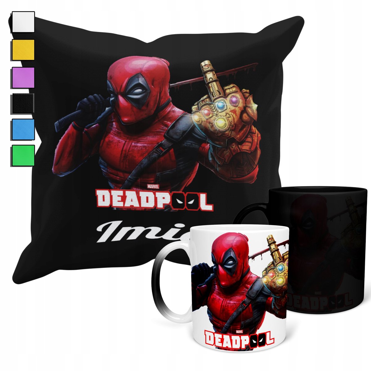ZESTAW KUBEK MAGICZNY + POSZEWKA Z PODUSZKĄ-AVENGERS DEADPOOL PREZENT+ IMIĘ