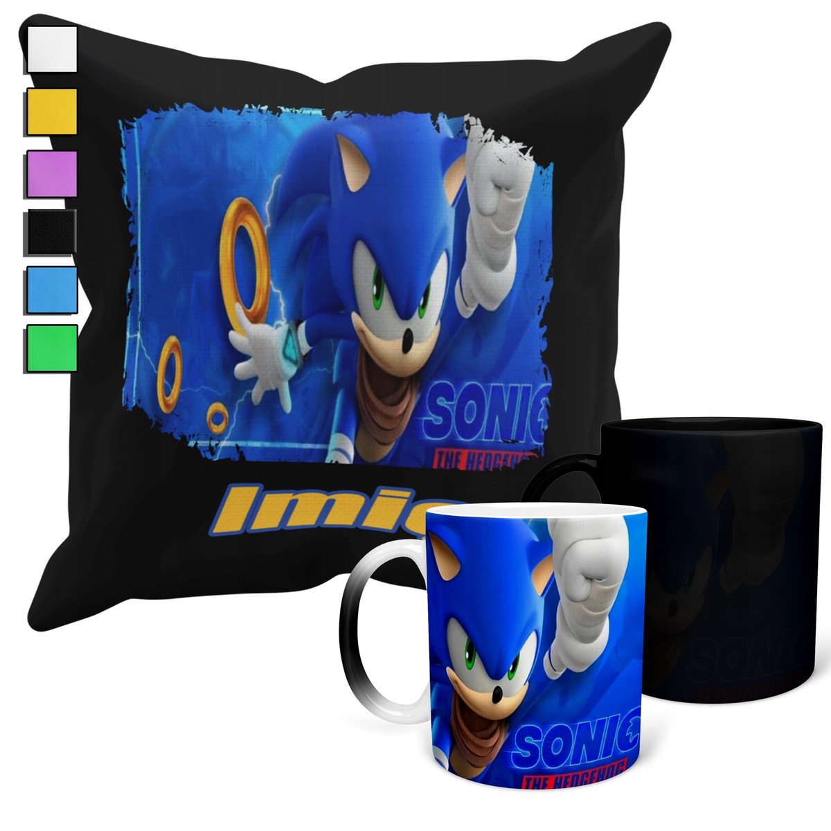 ZESTAW KUBEK MAGICZNY ZMIENIAJĄCY KOLOR + POSZEWKA SONIC BŁYSKAWICA + IMIĘ