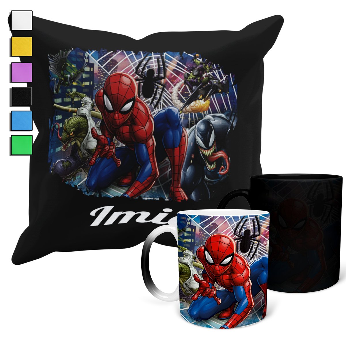 ZESTAW KUBEK MAGICZNY + POSZEWKA Z PODUSZKĄ- AVENGERS SPIDERMAN + IMIĘ