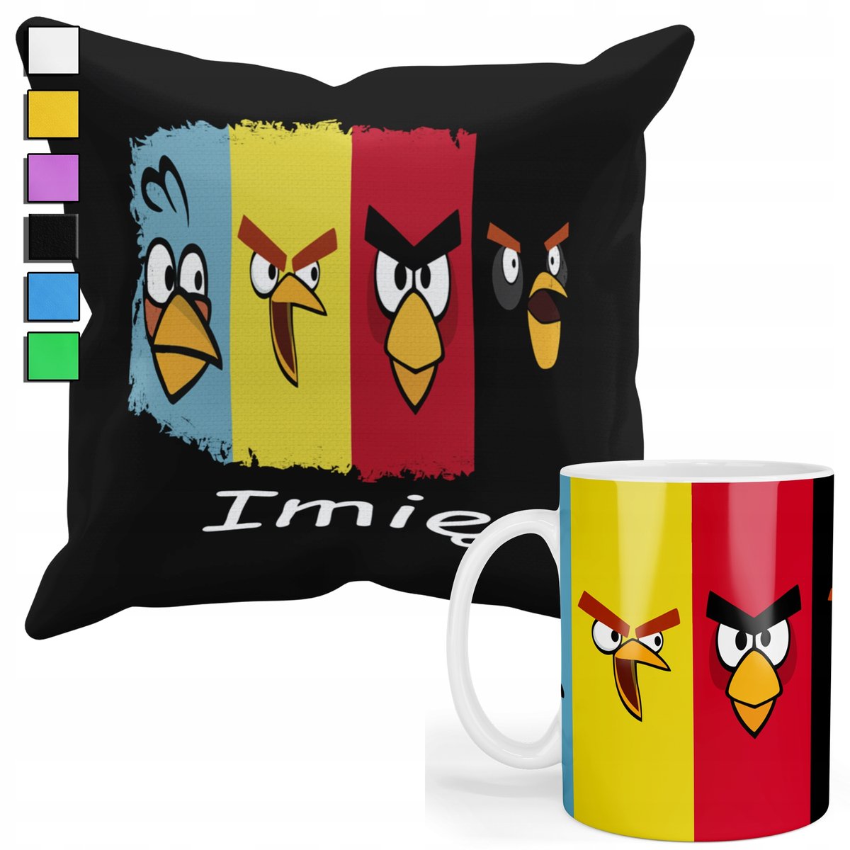 ZESTAW KUBEK + PODUSZKA Z POSZEWKĄ- PREZENT DLA FANA ANGRY BIRDS + IMIĘ