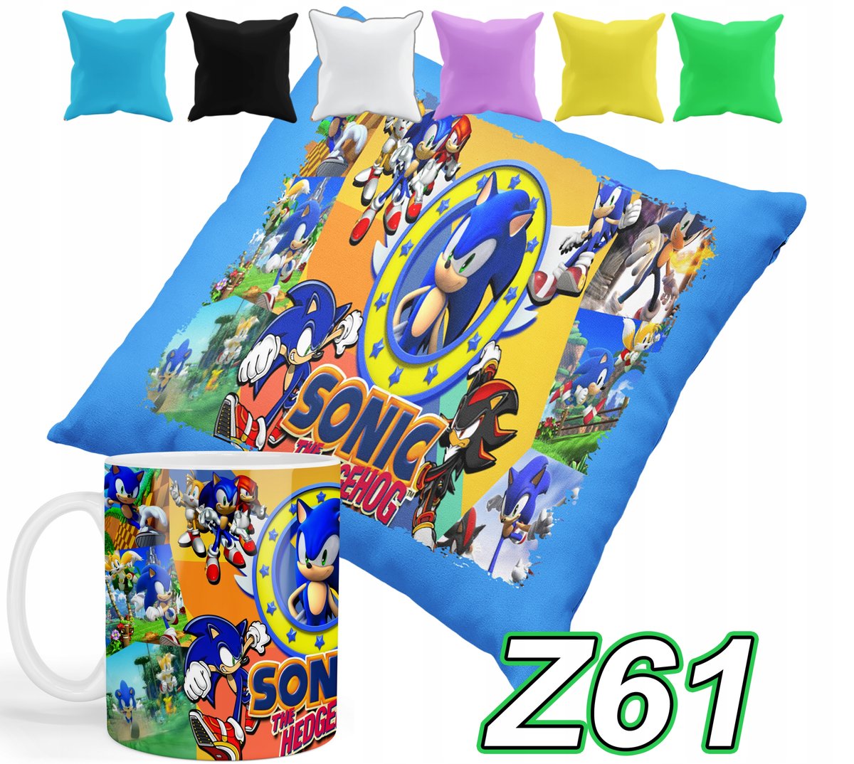ZESTAW KUBEK + POSZEWKA Z NADRUKIEM SONIC BŁYSKAWICA JEŻYK + IMIĘ
