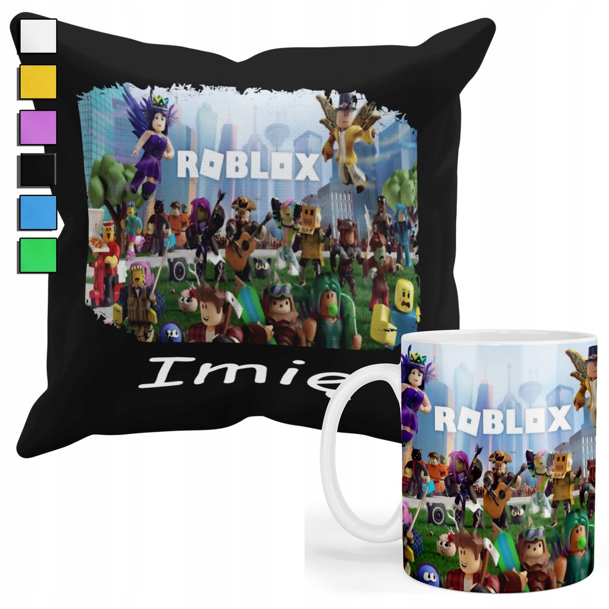 ZESTAW KUBEK + PODUSZKA Z POSZEWKĄ- PREZENT DLA FANA GRY ROBLOX+ IMIĘ