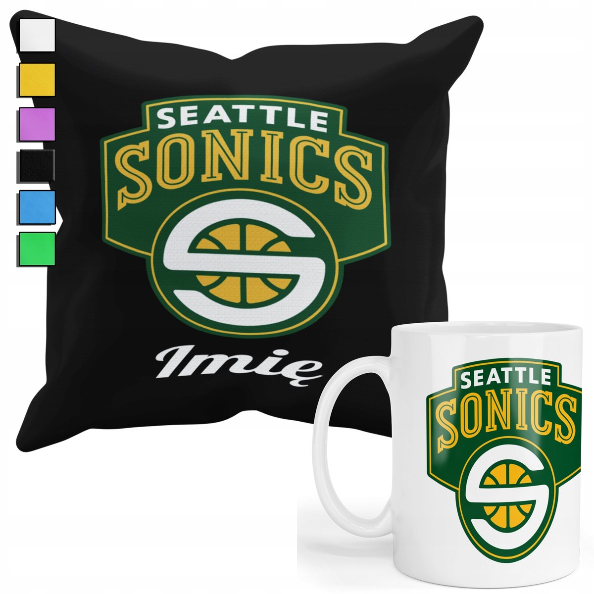 ZESTAW KUBEK + POSZEWKA Z NADRUKIEM-DLA FANA SEATLE SUPERSONICS NBA +IMIĘ