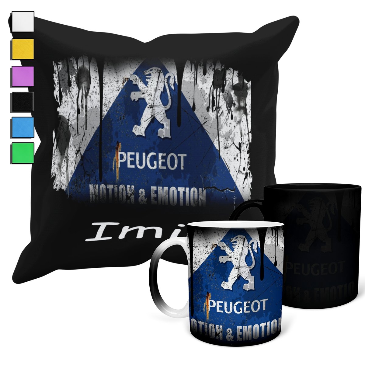 ZESTAW KUBEK MAGICZNY + POSZEWKA Z PODUSZKĄ- PEUGEOT SAMOCHODY + IMIĘ