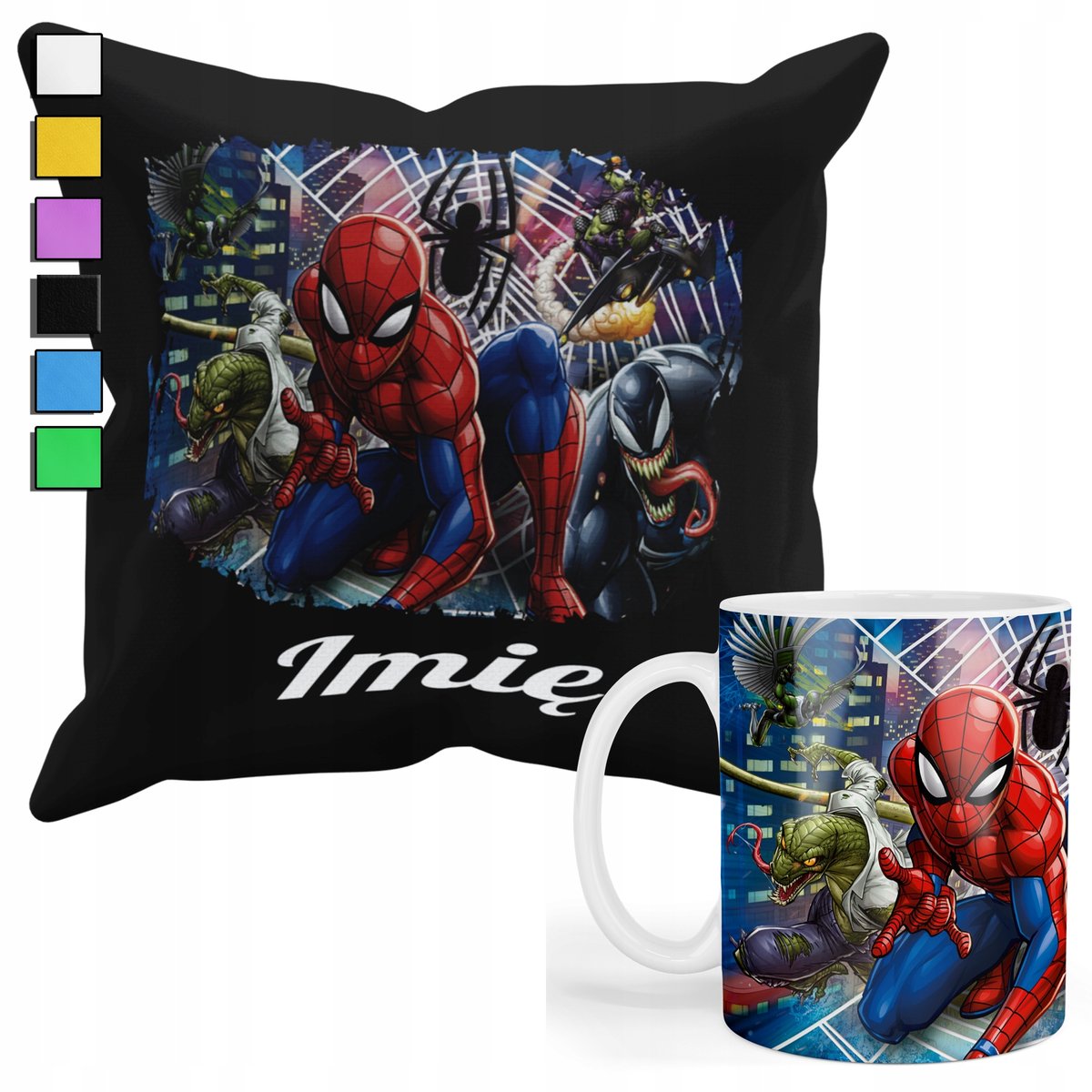 ZESTAW KUBEK + PODUSZKA Z POSZEWKĄ- PREZENT DLA FANA SPIDERMAN + IMIĘ