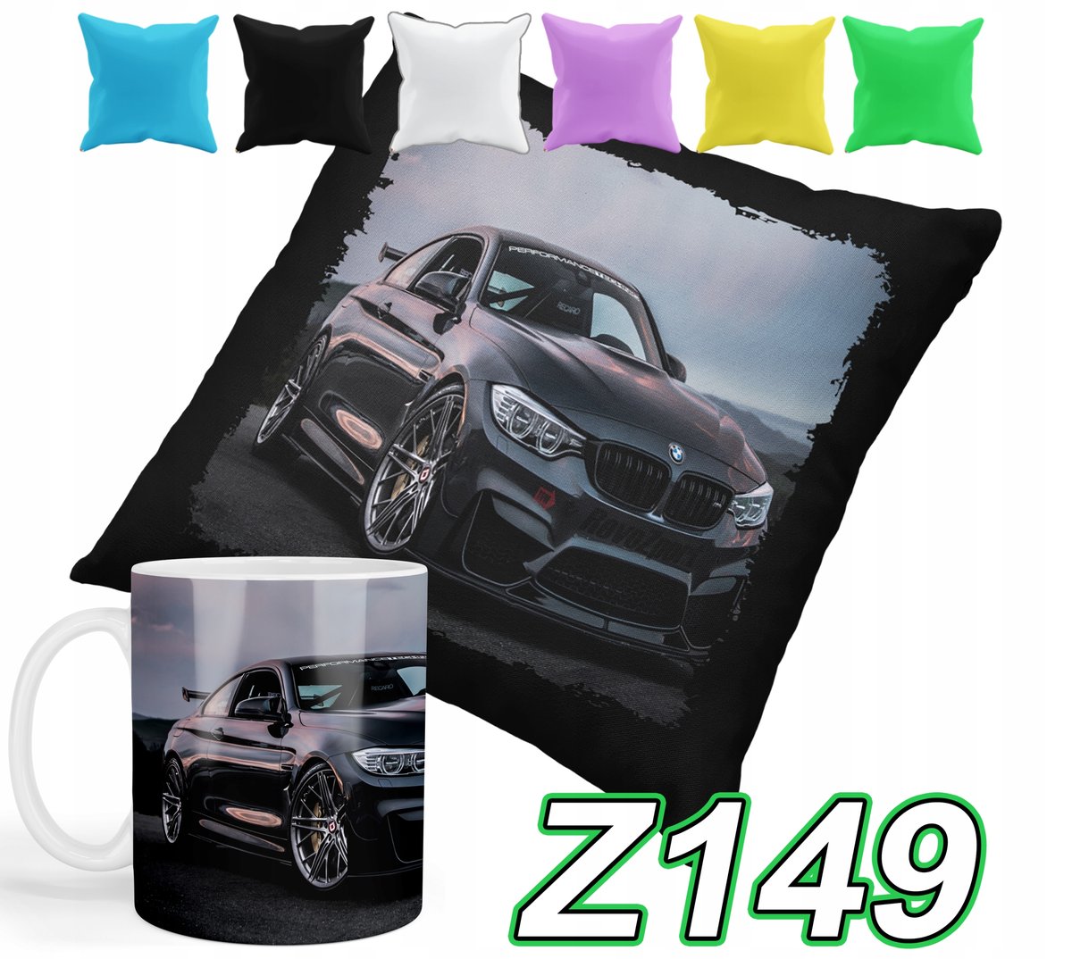 ZESTAW KUBEK + POSZEWKA Z PODUSZKĄ SAMOCHODY BMW + IMIĘ