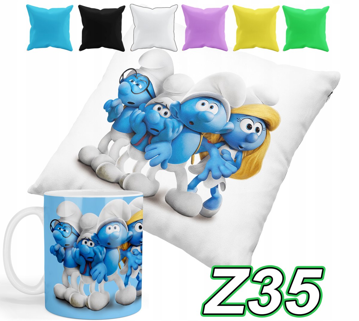 ZESTAW KUBEK + POSZEWKA Z NADRUKIEM SMERFETKA MARUDA OSIŁEK + IMIĘ