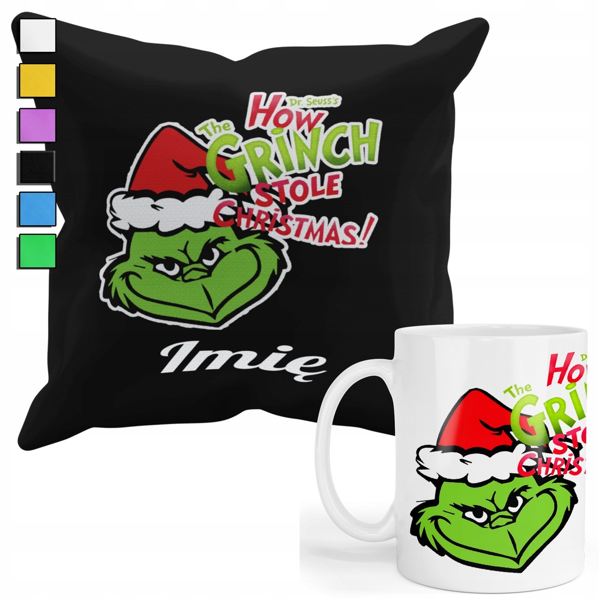 ZESTAW KUBEK + POSZEWKA Z NADRUKIEM-DLA FANA PREZENT GRINCH ŚWIĘTA +IMIĘ