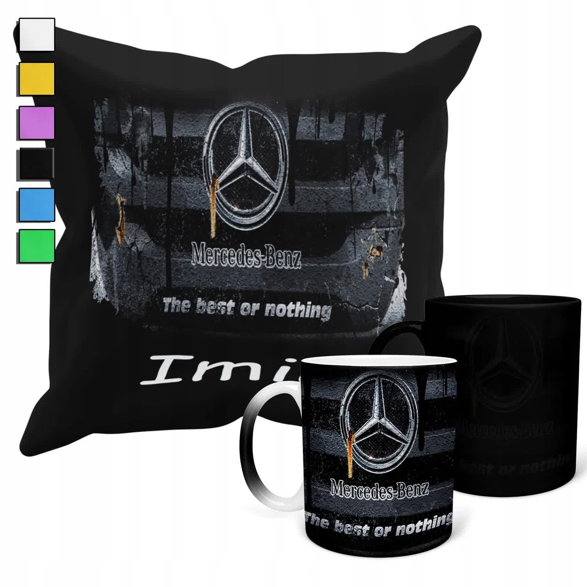 ZESTAW KUBEK MAGICZNY + POSZEWKA Z PODUSZKĄ- MERCEDES SAMOCHODY + IMIĘ
