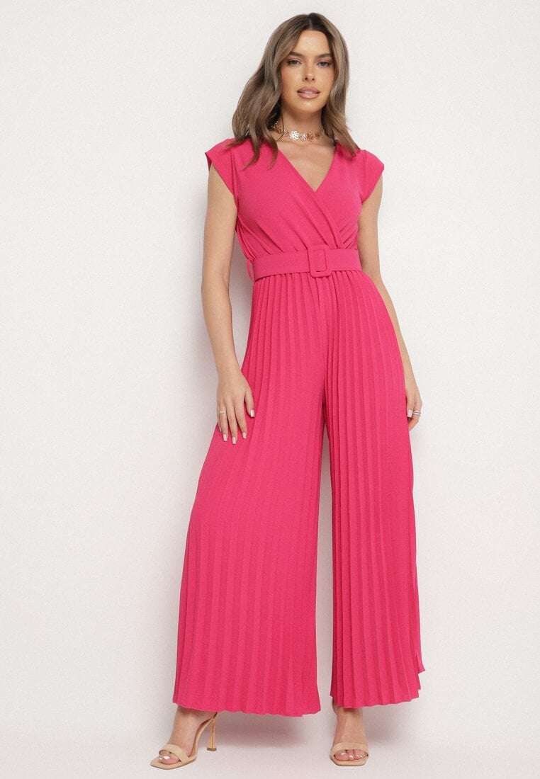 Fuksjowy Kombinezon o Kopertowym Kroju z Plisami i Paskiem w Talii Salivania