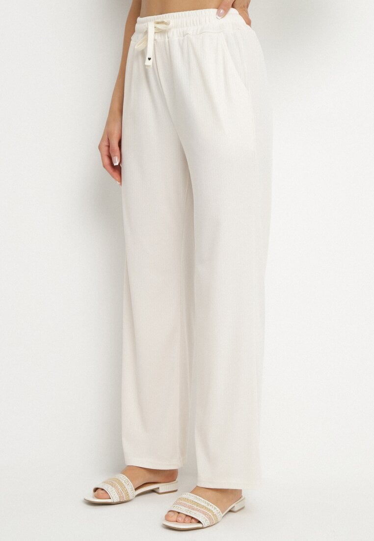 Jasnobeżowe Spodnie Dresowe z Gumką w Pasie i Szeroką Nogawką Mironia