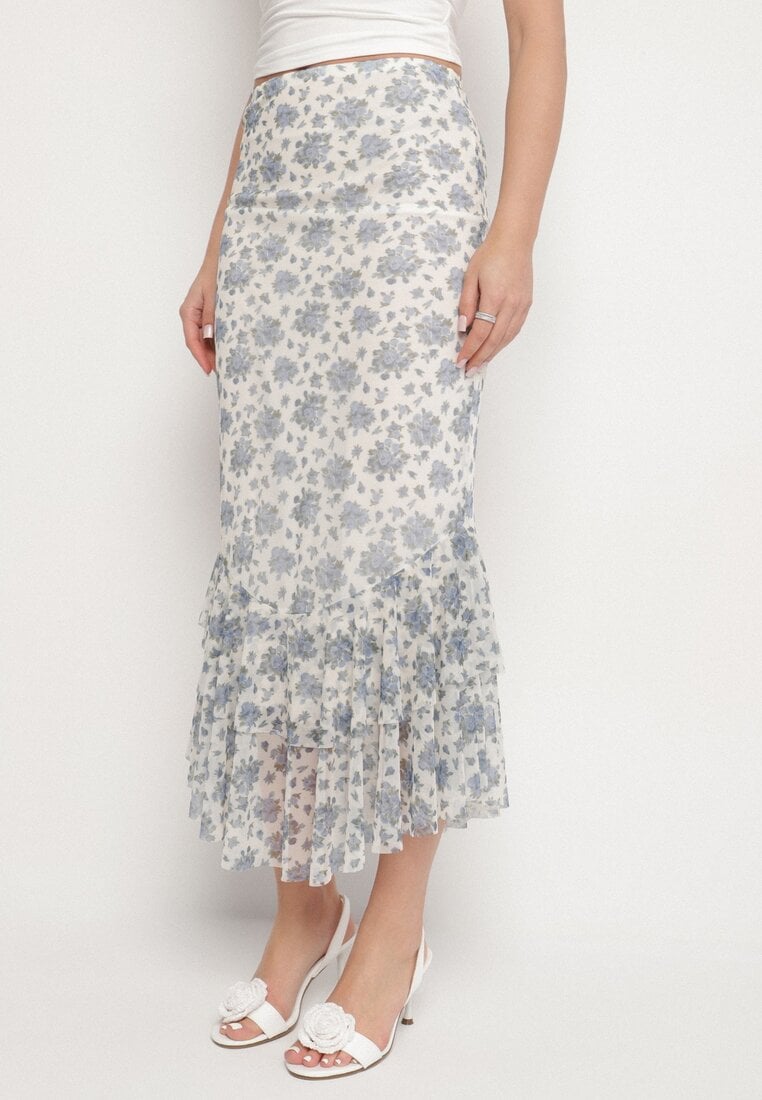 Biało-Niebieska Spódnica o Dopasowanym Kroju Zdobiona Falbanką Efririsse