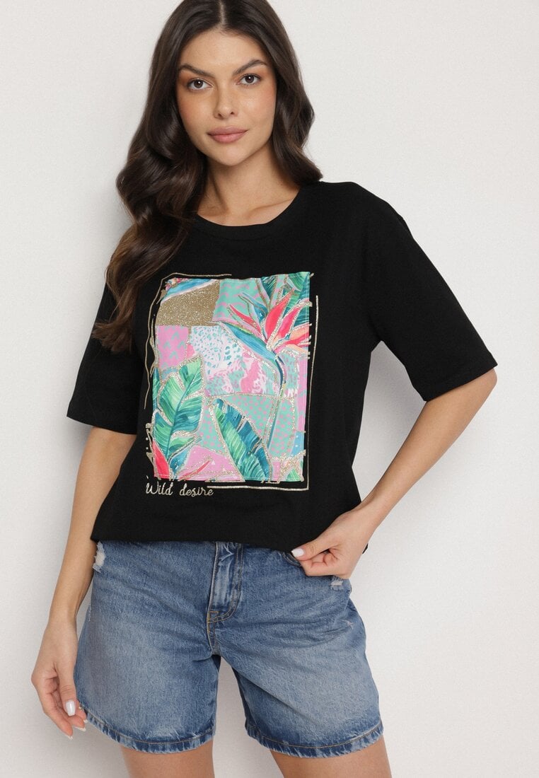 Czarny Bawełniany T-shirt z Ozdobnym Nadrukiem Delmari