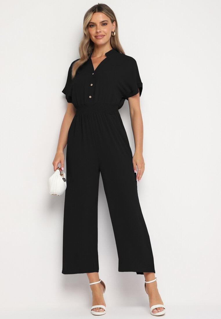 Czarny Wiskozowy Kombinezon o Taliowanym Kroju z Szerokimi Nogawkami Delsea