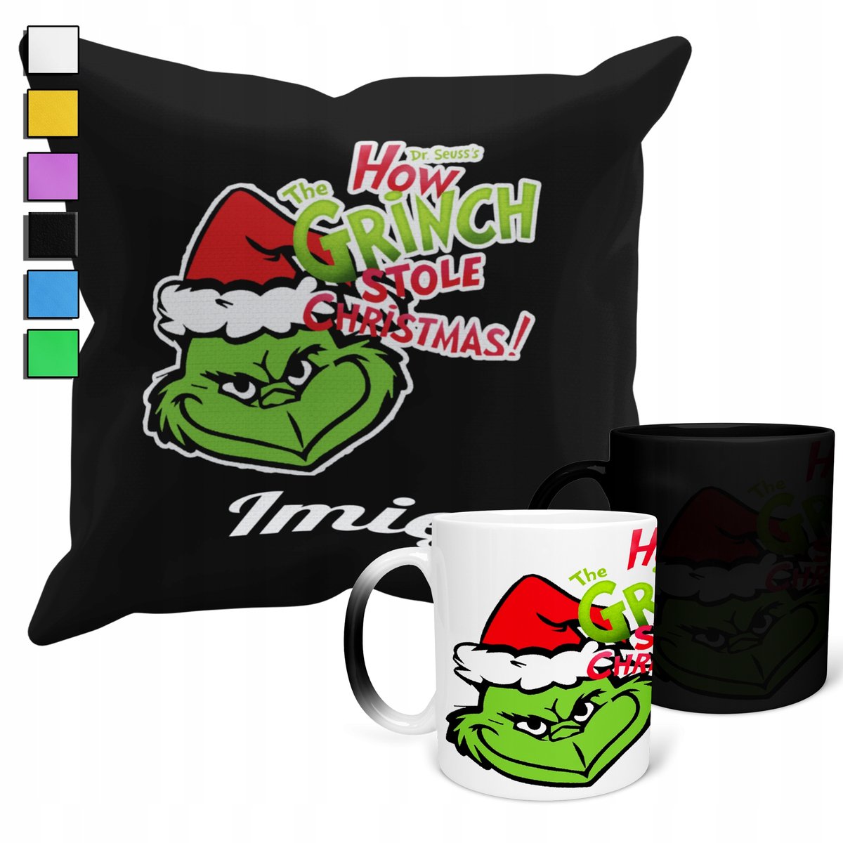 ZESTAW KUBEK MAGICZNY + POSZEWKA Z PODUSZKĄ- GRINCH ŚWIĘTA PREZENT + IMIĘ