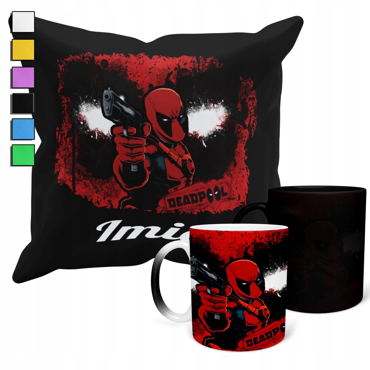 ZESTAW KUBEK MAGICZNY + POSZEWKA Z PODUSZKĄ-AVENGERS DEADPOOL PREZENT+ IMIĘ