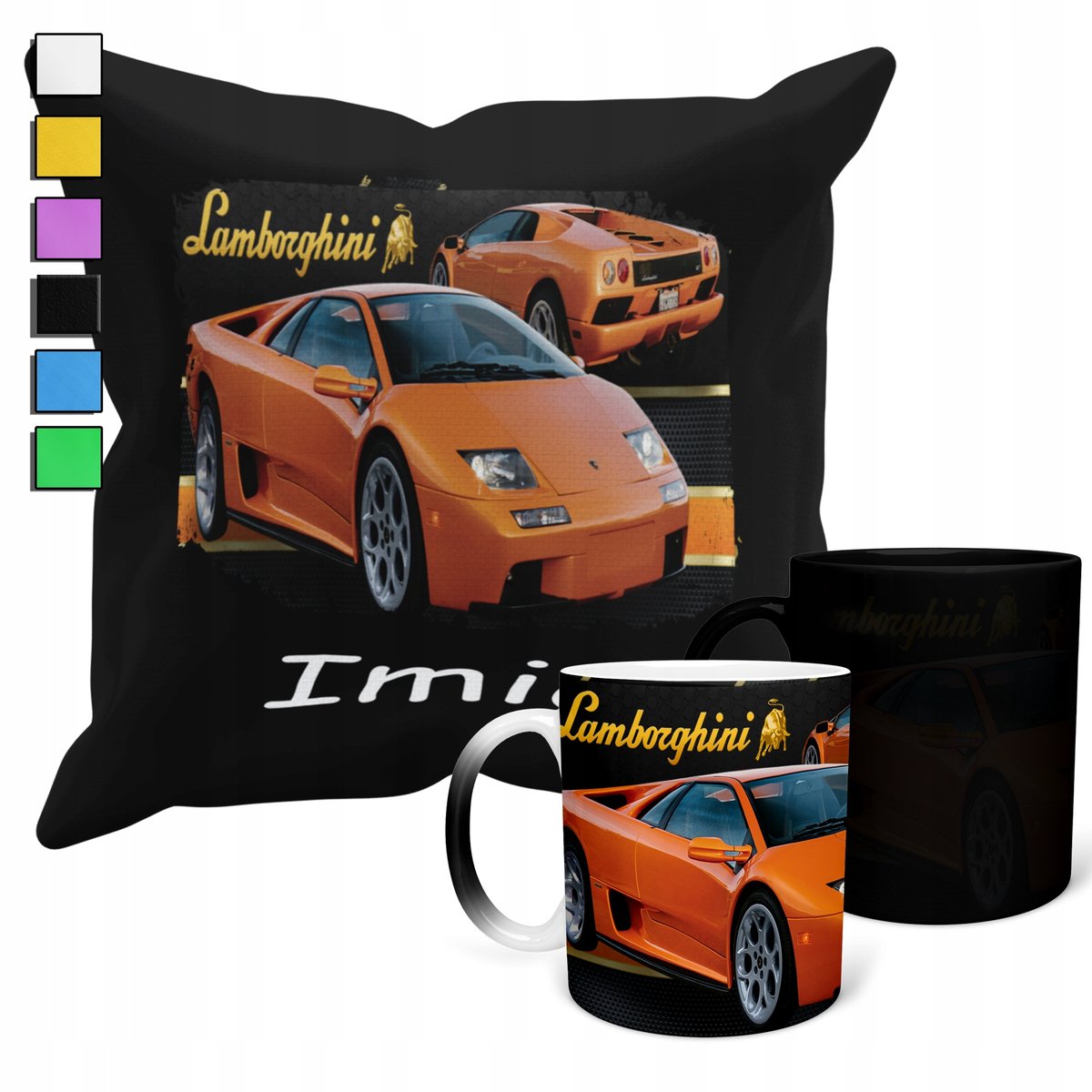 ZESTAW KUBEK MAGICZNY + POSZEWKA Z PODUSZKĄ- LAMBO-RGHINI SAMOCHODY + IMIĘ