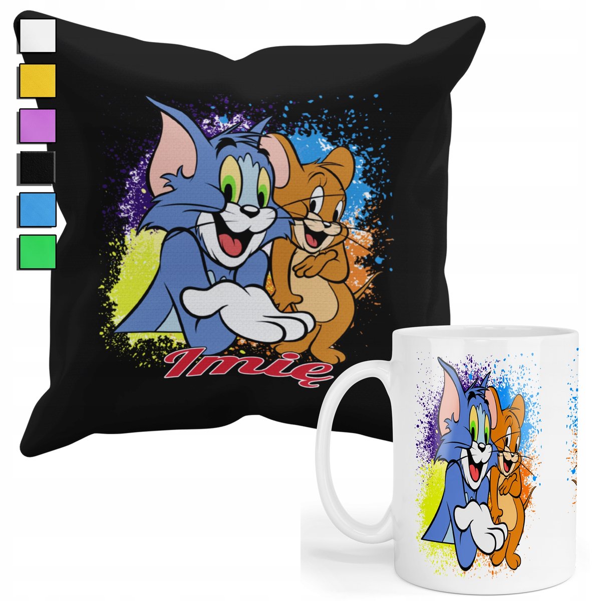ZESTAW KUBEK + PODUSZKA Z POSZEWKĄ- PREZENT DLA FANA TOM I JERRY + IMIĘ