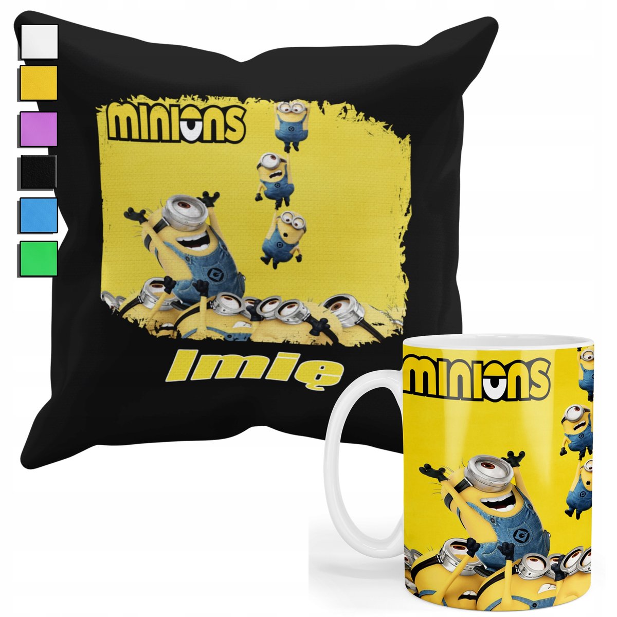 ZESTAW KUBEK + PODUSZKA Z POSZEWKĄ- PREZENT DLA FANA MINIONKI + IMIĘ