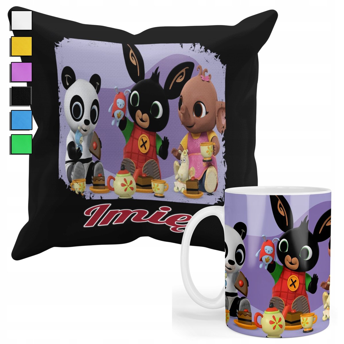 ZESTAW KUBEK + PODUSZKA Z POSZEWKĄ- PREZENT DLA FANA PANDA KRÓLIK + IMIĘ