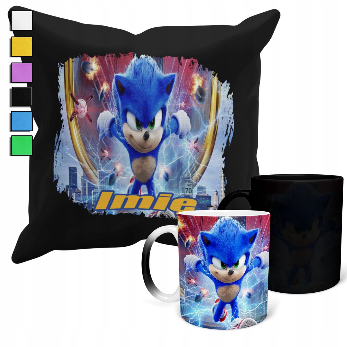ZESTAW KUBEK MAGICZNY + POSZEWKA Z PODUSZKĄ-PREZENT SONIC BŁYSKAWICA + IMIĘ
