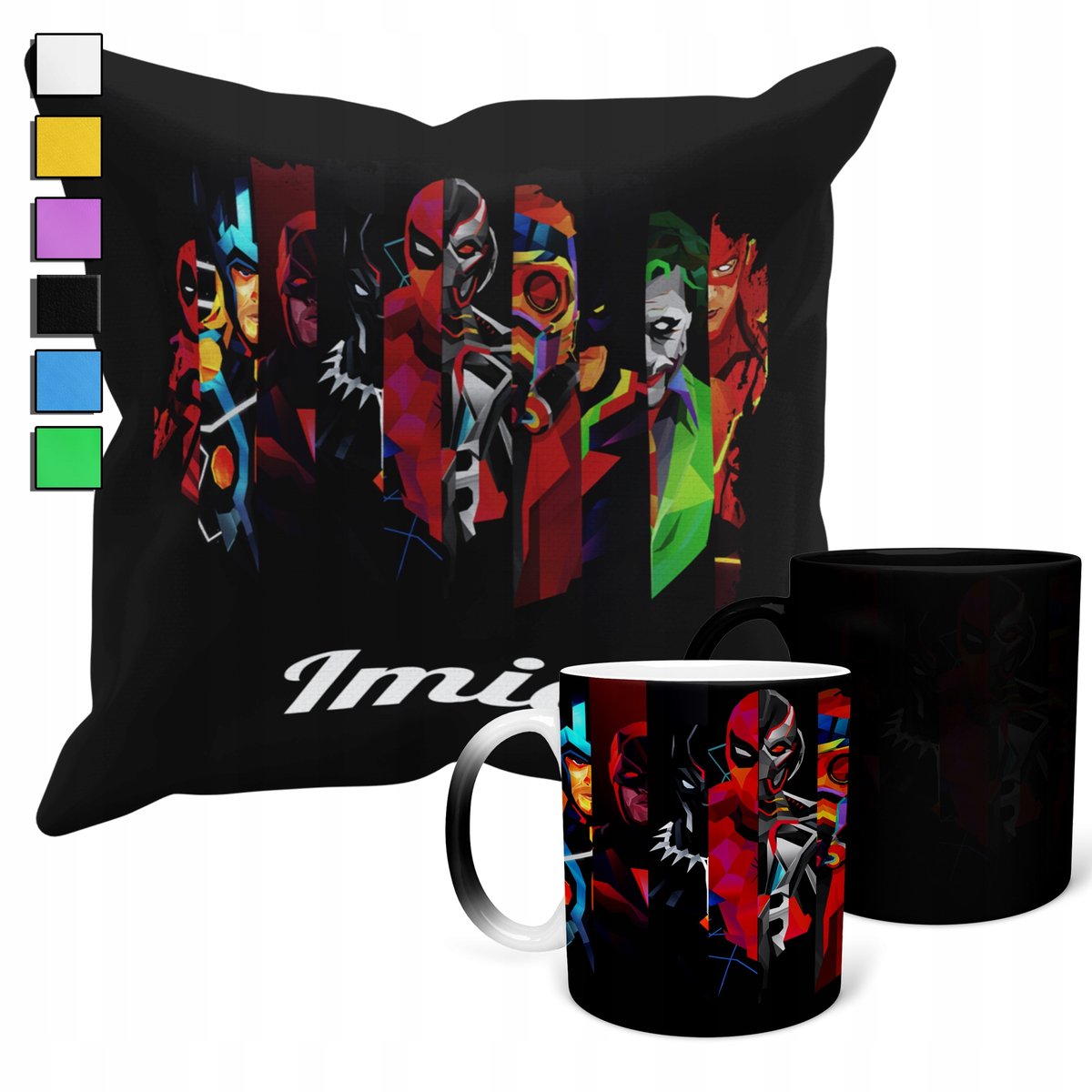 ZESTAW KUBEK MAGICZNY + POSZEWKA Z PODUSZKĄ- AVENGERS PREZENT + IMIĘ