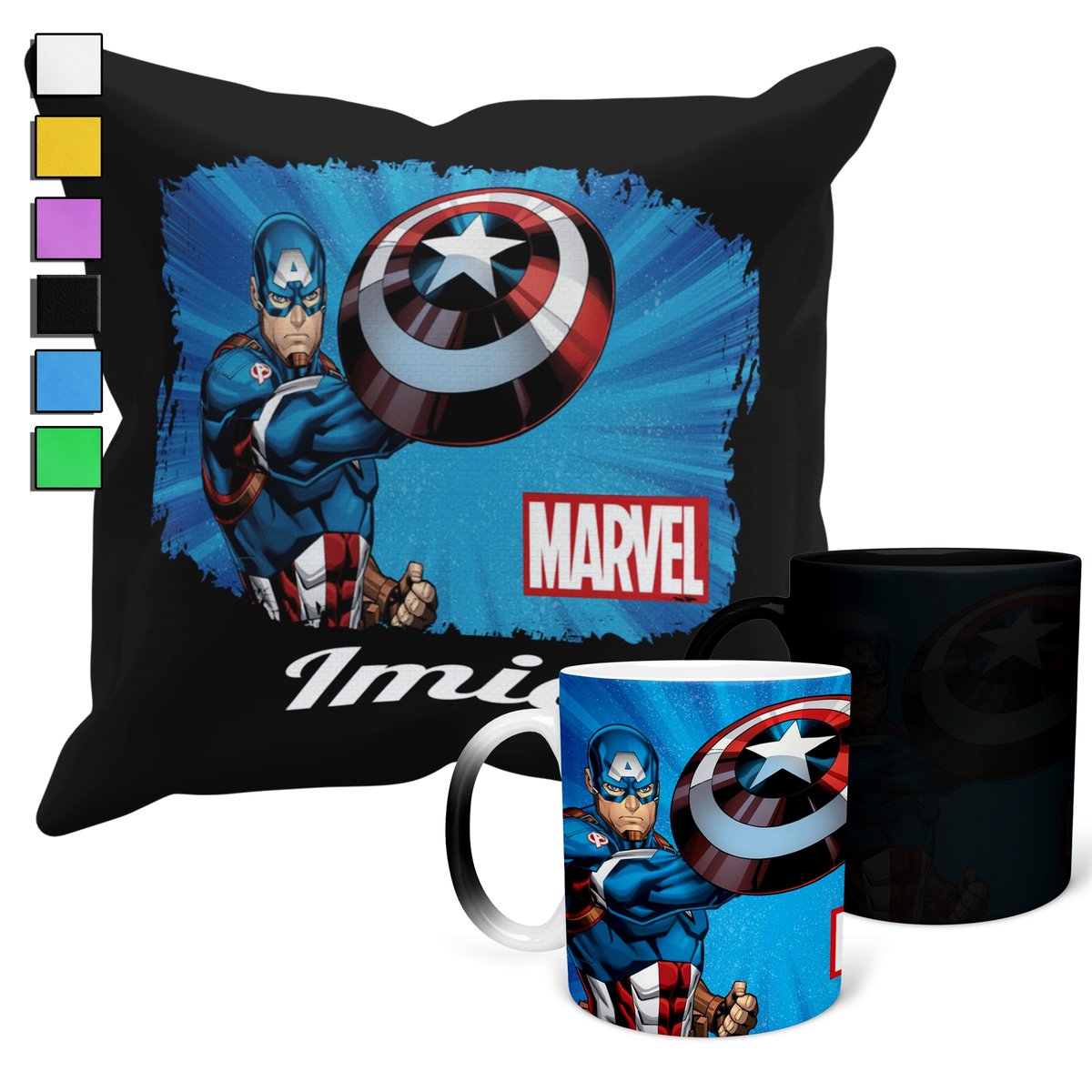 ZESTAW KUBEK MAGICZNY + POSZEWKA Z PODUSZKĄ- AVENGERS KAPITAN AMERYKA+ IMIĘ