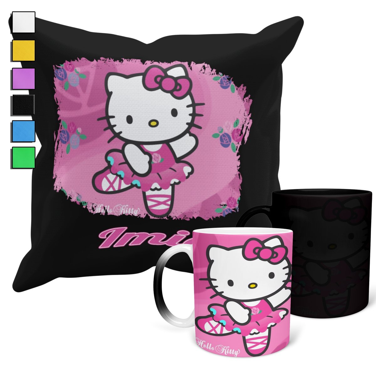 ZESTAW KUBEK MAGICZNY + POSZEWKA Z PODUSZKĄ-PREZENT HELLO KITTY + IMIĘ