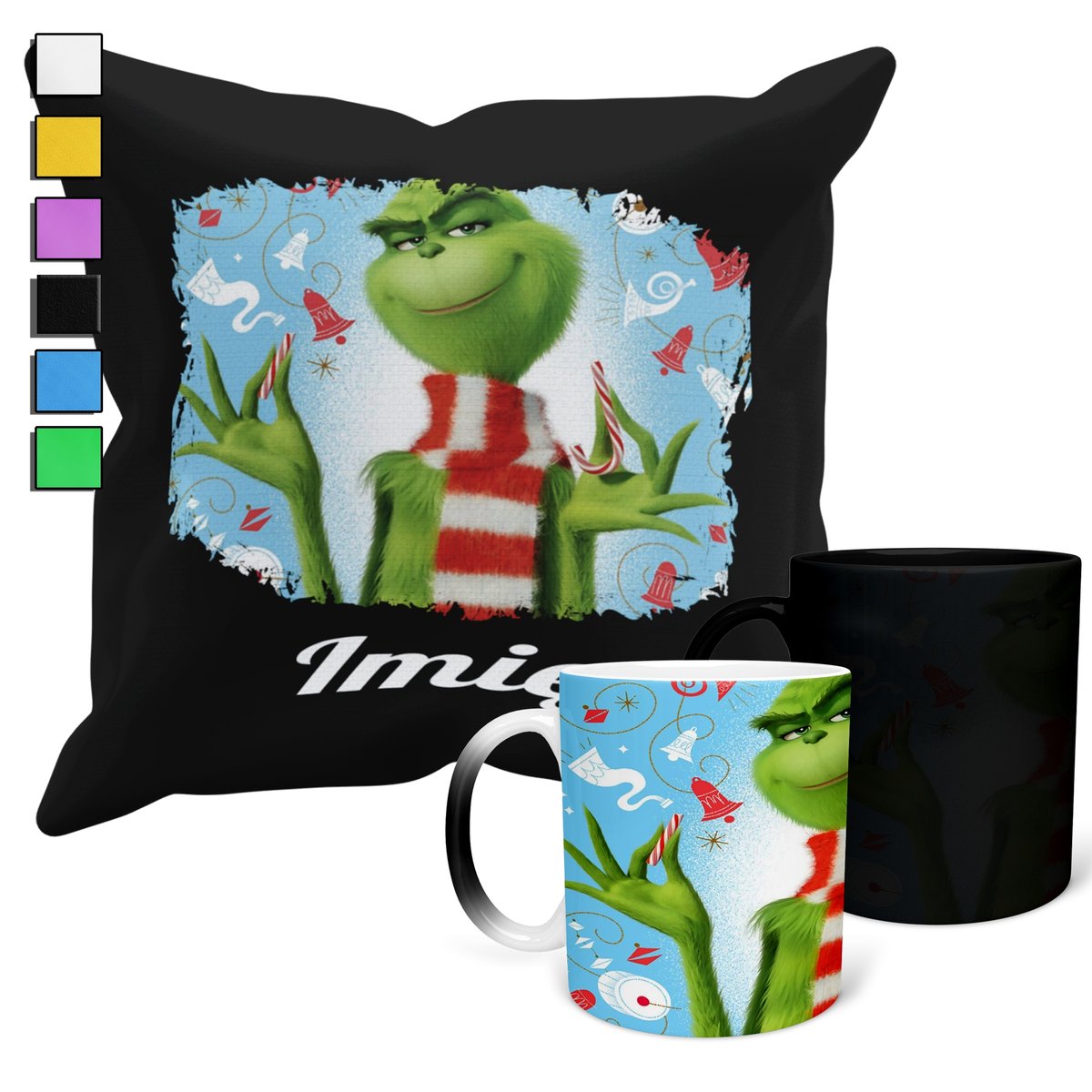 ZESTAW KUBEK MAGICZNY + POSZEWKA Z PODUSZKĄ- GRINCH ŚWIĘTA PREZENT + IMIĘ