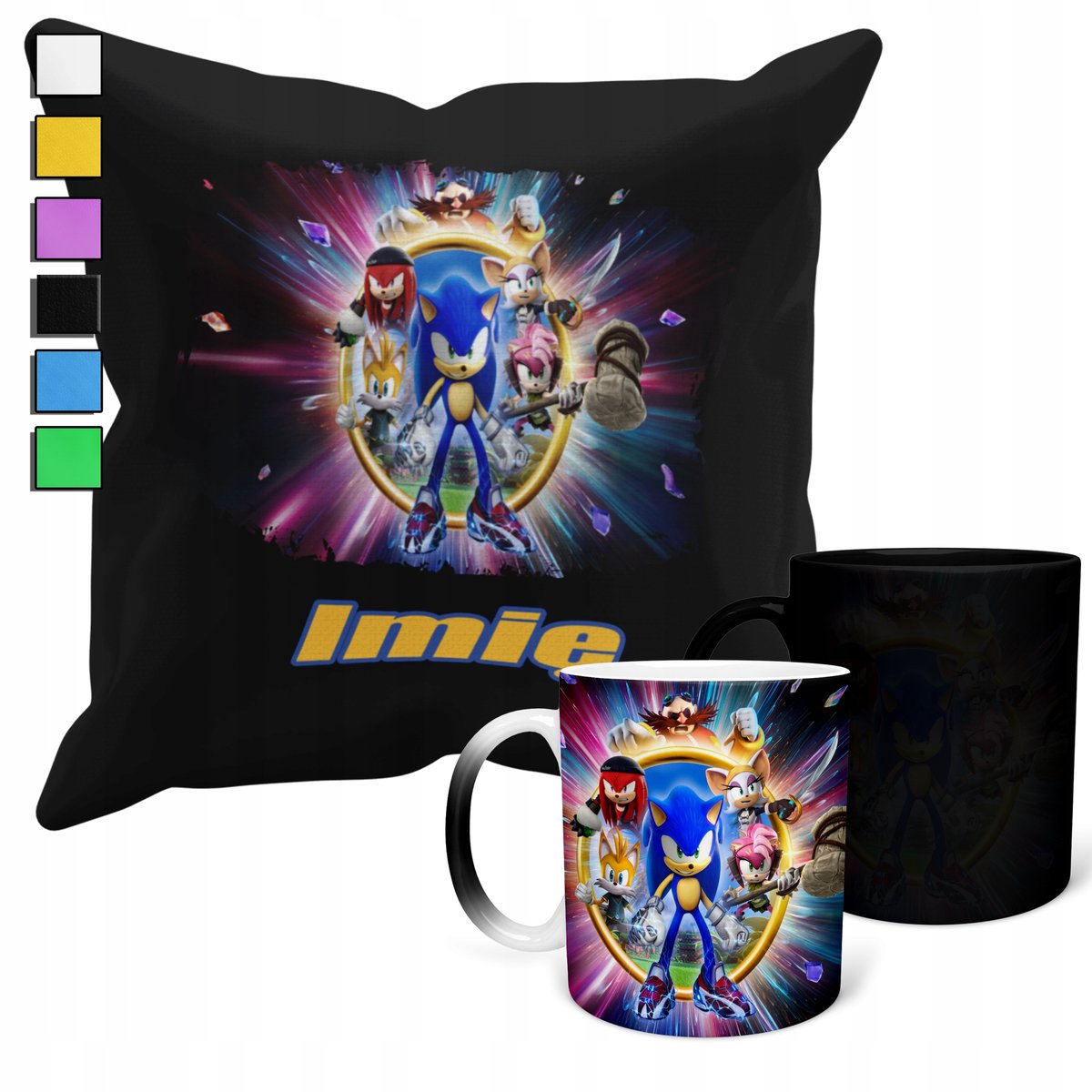ZESTAW KUBEK MAGICZNY + POSZEWKA Z PODUSZKĄ-PREZENT SONIC BŁYSKAWICA + IMIĘ