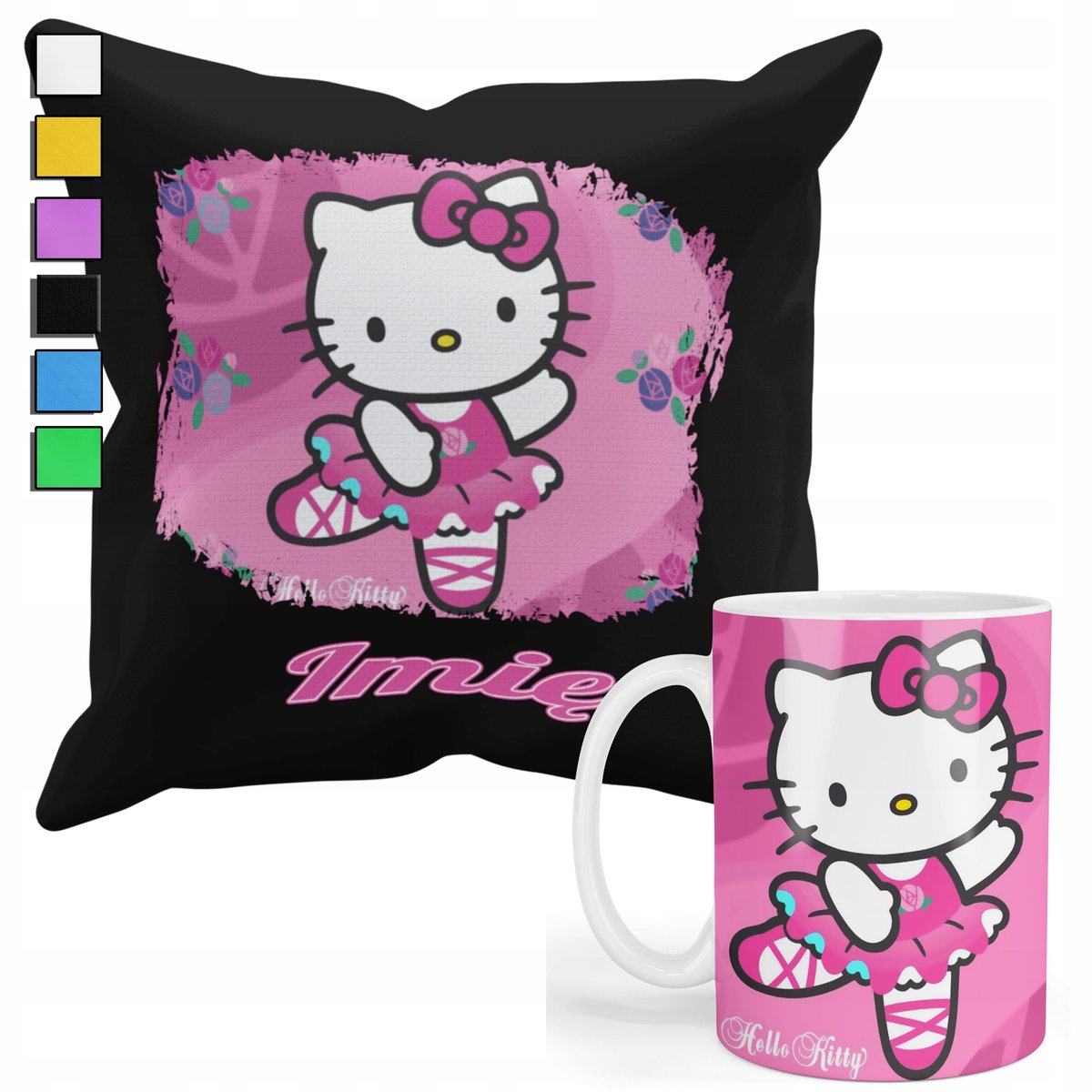 ZESTAW KUBEK + POSZEWKA Z NADRUKIEM-DLA FANA PREZENT HELLO KITTY +IMIĘ