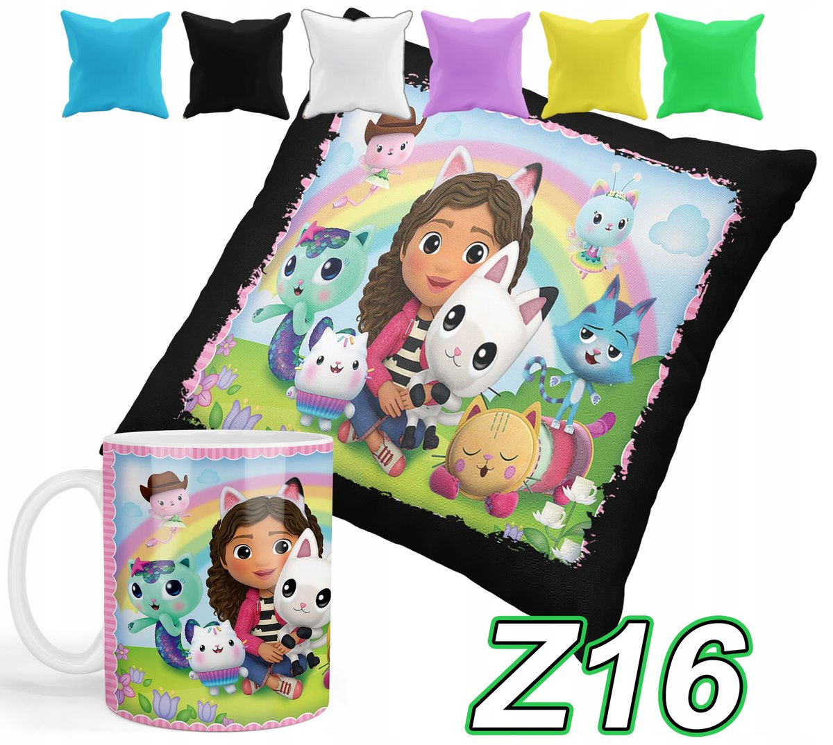 ZESTAW KUBEK + POSZEWKA Z PODUSZKĄ KOCI DOMEK GABI + IMIĘ